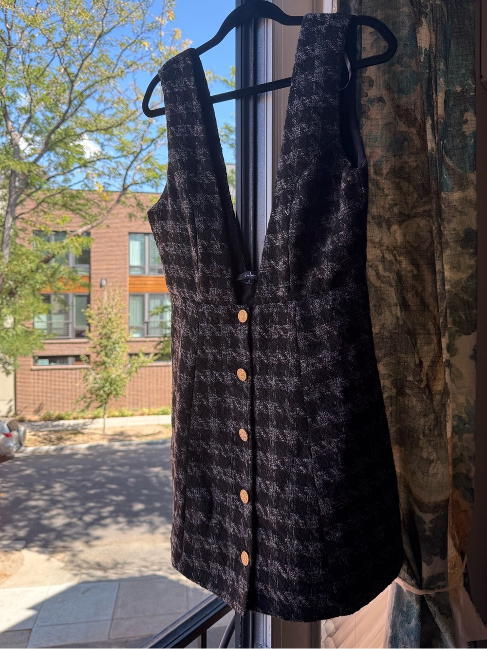 Lulu's Black Plaid Tweed Button-Front Pinafore Dress - Small